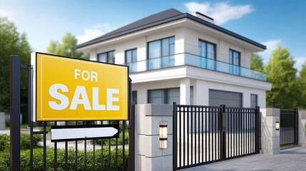 Modern Two-Story House with Bright Yellow For Sale Sign Surrounded by Greenery