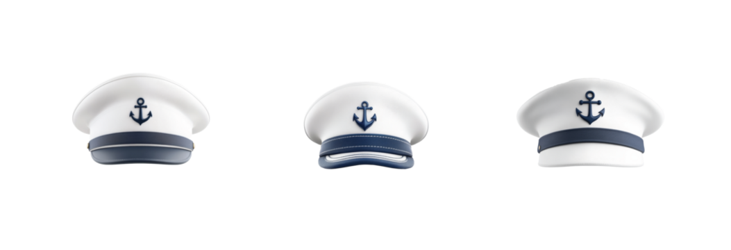 Three sailor hats with anchor emblem and blue strip on brim displayed in a row