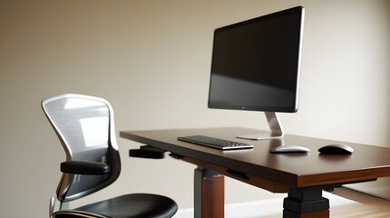 Modern Home Office with Dark Wood Standing Desk and Minimalist Tech Setup
