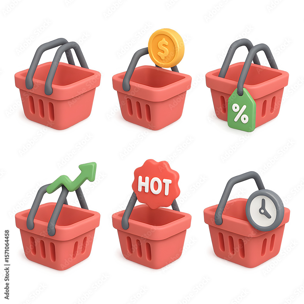 Poster 3d isometric shopping cart ui ux set transparent background icons for e-commerce design, web and app