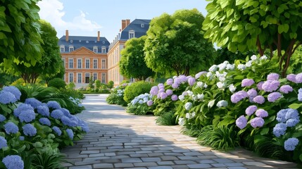 Grand Chateau Surrounded by Lush Flower Gardens Featuring Vibrant Hydrangeas Under Bright Sunlight
