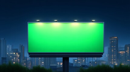 Large Illuminated Digital Billboard with Bright Green Screen at Night in an Urban Cityscape
