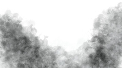White grey black smoke cloud transparent PNG. Realistic smoky mist texture. Foggy haze vapor trail. Soft dense smog effect. Wispy steam puff. Air pollution dust particle overlay element