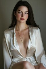 A  woman in a white silk blouse and gold jewelry