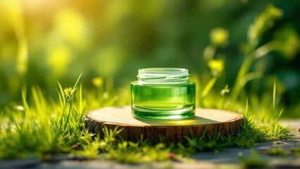 Green glass jar for facecream on wooden podest. 