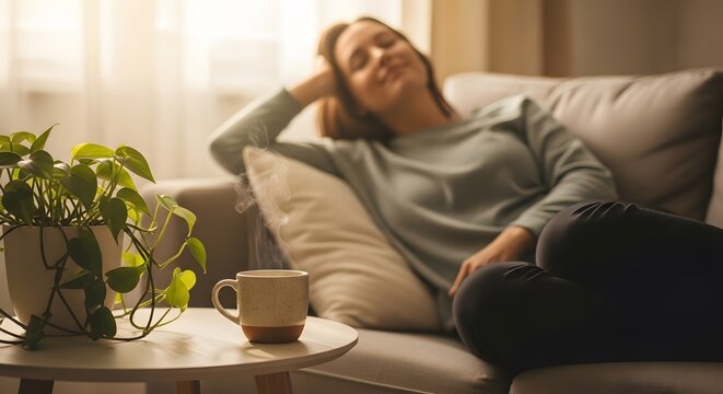 Relaxed woman enjoying a moment of peace indoors with a cup of steaming beverage on a table beside a plant. Soft lighting and a cozy atmosphere enhance the sense of tranquility. - Powered by Adobe
