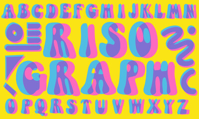 Groovy Alphabet Font Set with Risograph Style and Decorative Elements. Glitch type A to Z vector Illustration