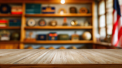 Wooden table with blurred Marine Corps Birthday background featuring books and memorabilia