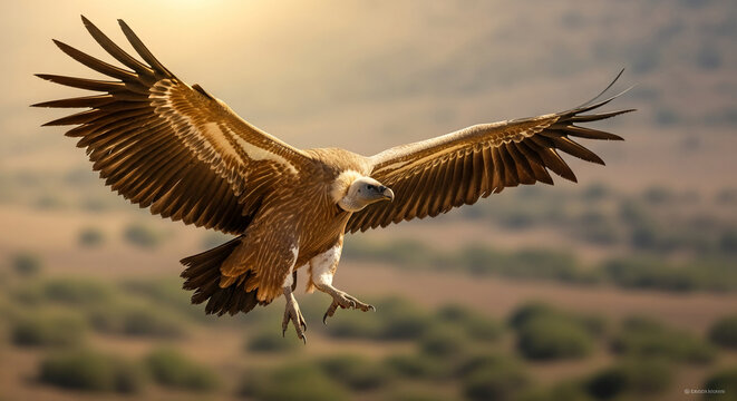 Brown vulture in flight, wings spread wide, showcasing powerful feathers and talons, representing freedom, strength, and wildness