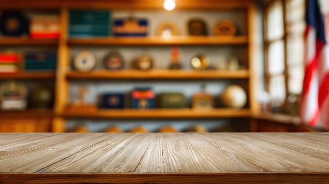 Wooden table with blurred Marine Corps Birthday background featuring books and memorabilia