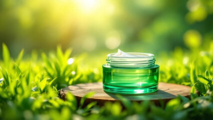 Green glass jar for facecream on wooden podest. 