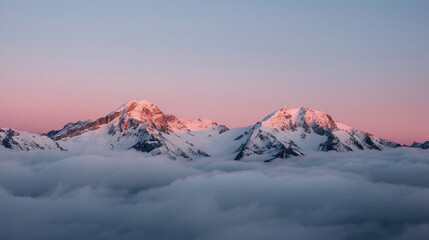 Fototapeta premium Majestic snowy mountains rising above a sea of clouds bathed in the soft light of dawn or dusk