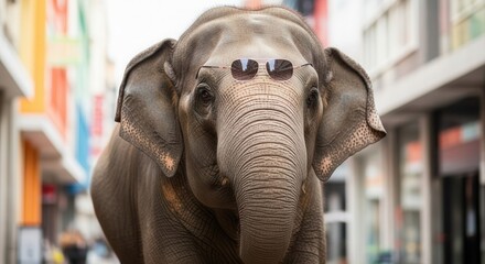 Elephant wearing sunglasses in urban street setting