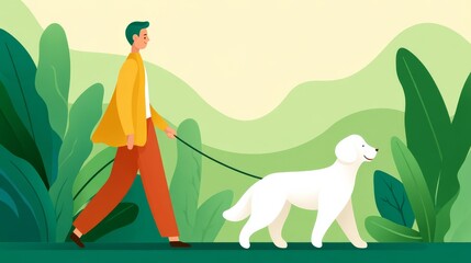 Man Walking A White Dog On A Leash Through Lush Greenery In A Scenic Outdoor Environment