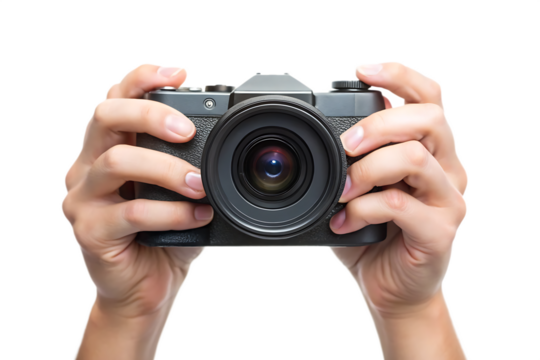 hands holding mirrorless camera on white background, PNG