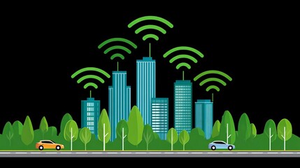 Smart City Concept Illustration Featuring Modern Skyscrapers and Wi-Fi Signals with Greenery and Vehicles