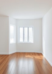 Fototapeta premium Empty room modern interior design a minimalist-style living room with a wooden floor and white wall mock-up background a window with a winter view modern home decor concept Empty room interior des