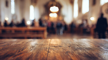 Wooden table with blurred church hall background after Sunday service with mingling crowd

