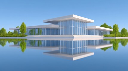Sprawling Modern Mansion with Glass Facades Reflecting in Serene Water Surrounded by Lush Greenery