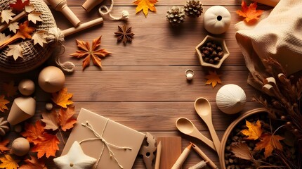A high-angle perspective flat lay of brown wooden craft supplies in warm autumn colors, presenting an elevated view, creating an earthy and cozy atmosphere 