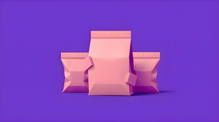 A modern flat design illustration of a brown kraft paper to-go food packaging mockup set using deep ultraviolet hues, vivid purples, high contrast, and simple two-dimensional shapes 