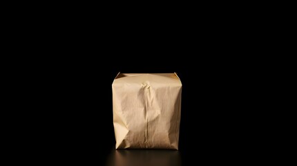 Creative light art depicting a brown kraft paper to-go food packaging mockup set in intense jet black, emphasizing pure black, deep shadows, artistic lighting, and abstract patterns 