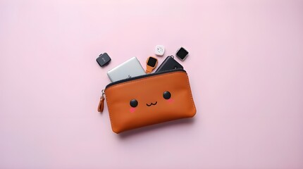 A flatlay of an adorable brown leather gadget pouch with tech accessories. Smooth gradient transitions, seamless color blending, charming and cute features 
