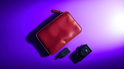 High-contrast image of a brown leather gadget pouch and tech accessories flatlay. Deep ultraviolet hues, vivid purples, strong hard light, direct harsh shadows 