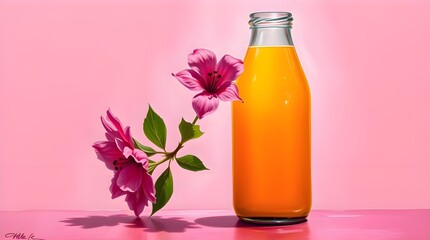 Classic oil painting of a bright orange juice bottle with pink flowers on a pink background, viewed from a low angle with backlighting. Rich textures, visible brushstrokes, and a dramatic, light 