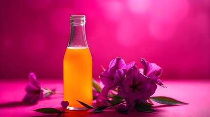 Creative light art depicting a bright orange juice bottle with pink flowers on a pink background in deep ultraviolet hues.  A blurred bokeh effect, artistic lighting, abstract patterns, vivid purples