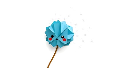 Intricate origami-style illustration of an adorable and cute blue dandelion puff dispersing into stardust, charming features, folded paper texture, geometric precision, vibrant colors 