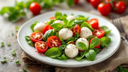 Fresh caprese with tomatoes, mozzarella cheese and basil. 
