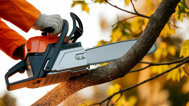 Hands Operating a Chainsaw to Prune a Tree