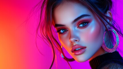 Top model radiates confidence in bold neon tones. A glowing vision of beauty