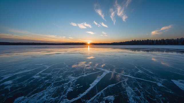 Scenic winter sunset over icy lake reflecting azure sky with delicate clouds and silhouetted forest horizon
