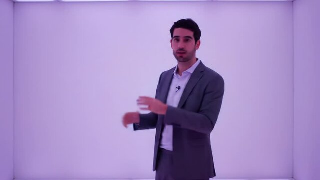 Businessman giving a presentation in an elegant suit, with a white wall behind him shifting colors from changing light shades