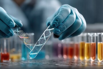 Close up scientist hands holding test tubes with DNA gel