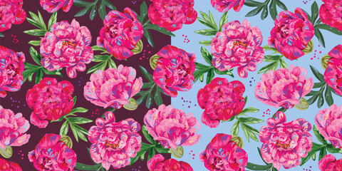 Seamless background with peony flowers painted with bright spots.