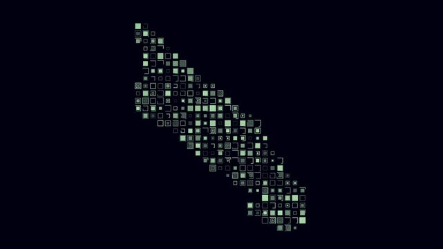 Aruba dotted animation. Shape of the country build of pulsating colored dots. Large size square blocks. Digital style map on dark background. Creative video.
