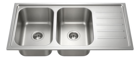 A double bowl sink with a wide drainboard, made from lightweight aluminum, for easy installation in a modular home kitchen.