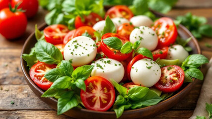 Fresh caprese with tomatoes, mozzarella cheese and basil. 