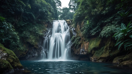 Fototapeta premium Serene waterfall cascading into turquoise pool surrounded by lush green vegetation in tropical rainforest landscape