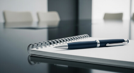 A close up shot of a pen resting on a spiral notebook on a dark table in a bright room