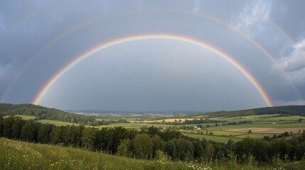 Naklejka premium Stunning double rainbow arcing across lush green landscape after a stormy weather displaying vivid colors above rolling hills and trees