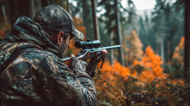 Hunting poacher in the forest. Hunter with shotgun gun on hunt. Hunter aiming rifle in forest