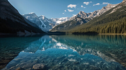 Stunning scenic view of moraine lake surrounded by majestic mountains reflecting in crystal clear water under a bright blue sky