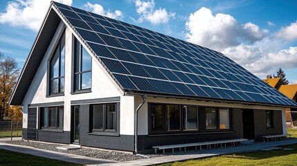 Fototapeta premium Residential solar system panels covering modern two-story home roof with sleek black photovoltaic array against clear blue sky wide-angle ground perspective
