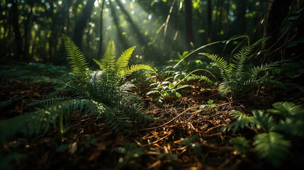 Sunlight filtering through lush forest canopy illuminating ferns and undergrowth in a serene woodland scene nature