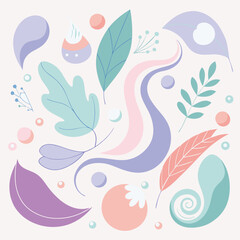 Abstract illustration of organic forms in soft pastel colors with leaves and floral elements against a neutral background design.