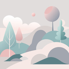 Abstract landscape illustration featuring stylized trees hills and clouds rendered in soft pastel colors creating a sense of tranquility